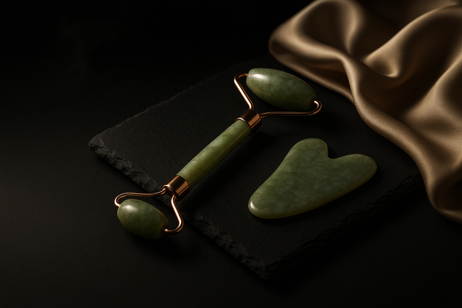 Jade-Roller und Gua Sha auf schwarzem Schiefer mit Seidentuch, edles Seitenlicht.